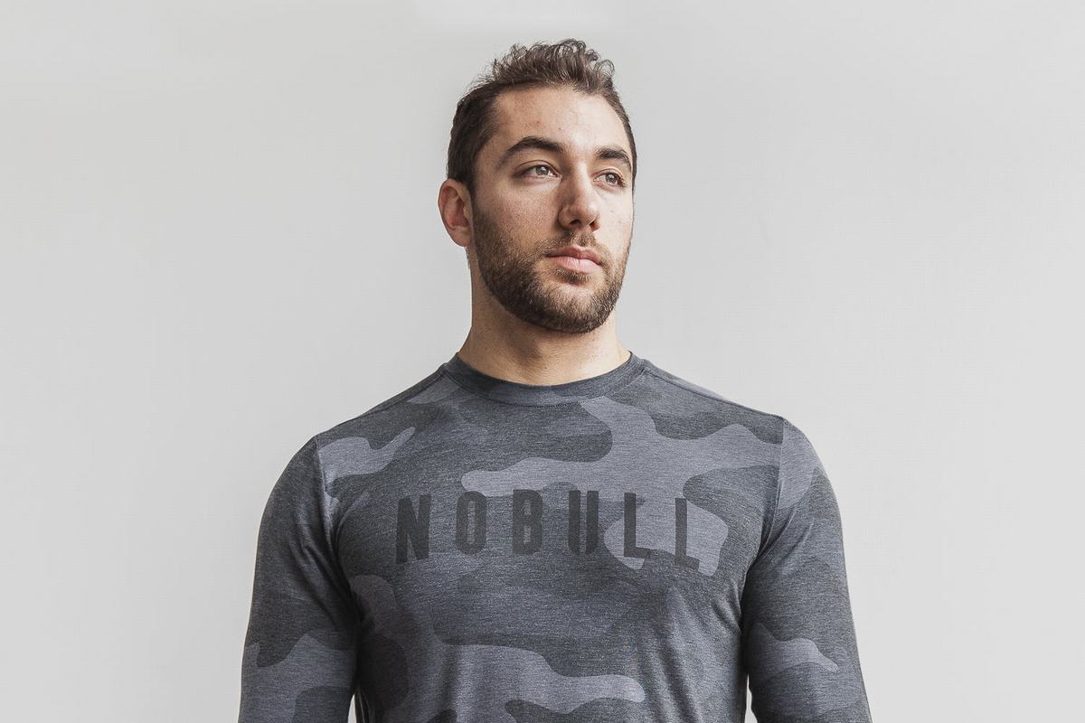 Nobull Men's Long Sleeves Grey Camo | Australia (IQ3720)